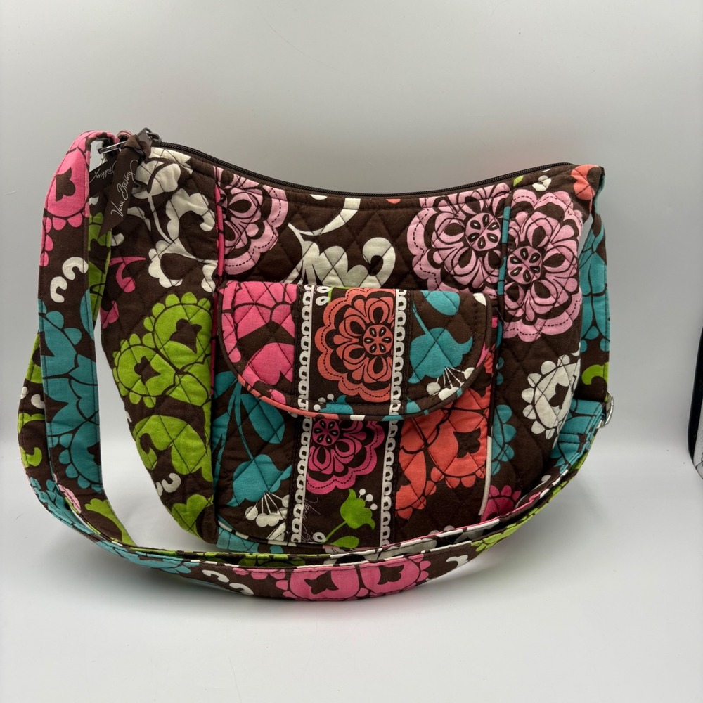 Vera Bradley On the Go Crossbody LOLA Bag Mocha Rouge Floral Quilted Cotton